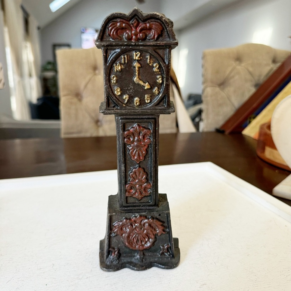 Antique Vintage Cast Iron Grandfather Clock Bank Collectible